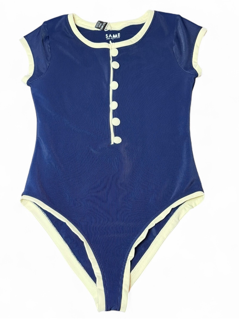 SAME Swim Los Angeles Ribbed Button Front Cap Sleeve One Piece Swimsuit Navy Cre